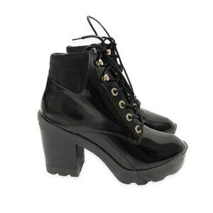 aldo | black gold patent leather lug sole combat chunky platform ankle booties